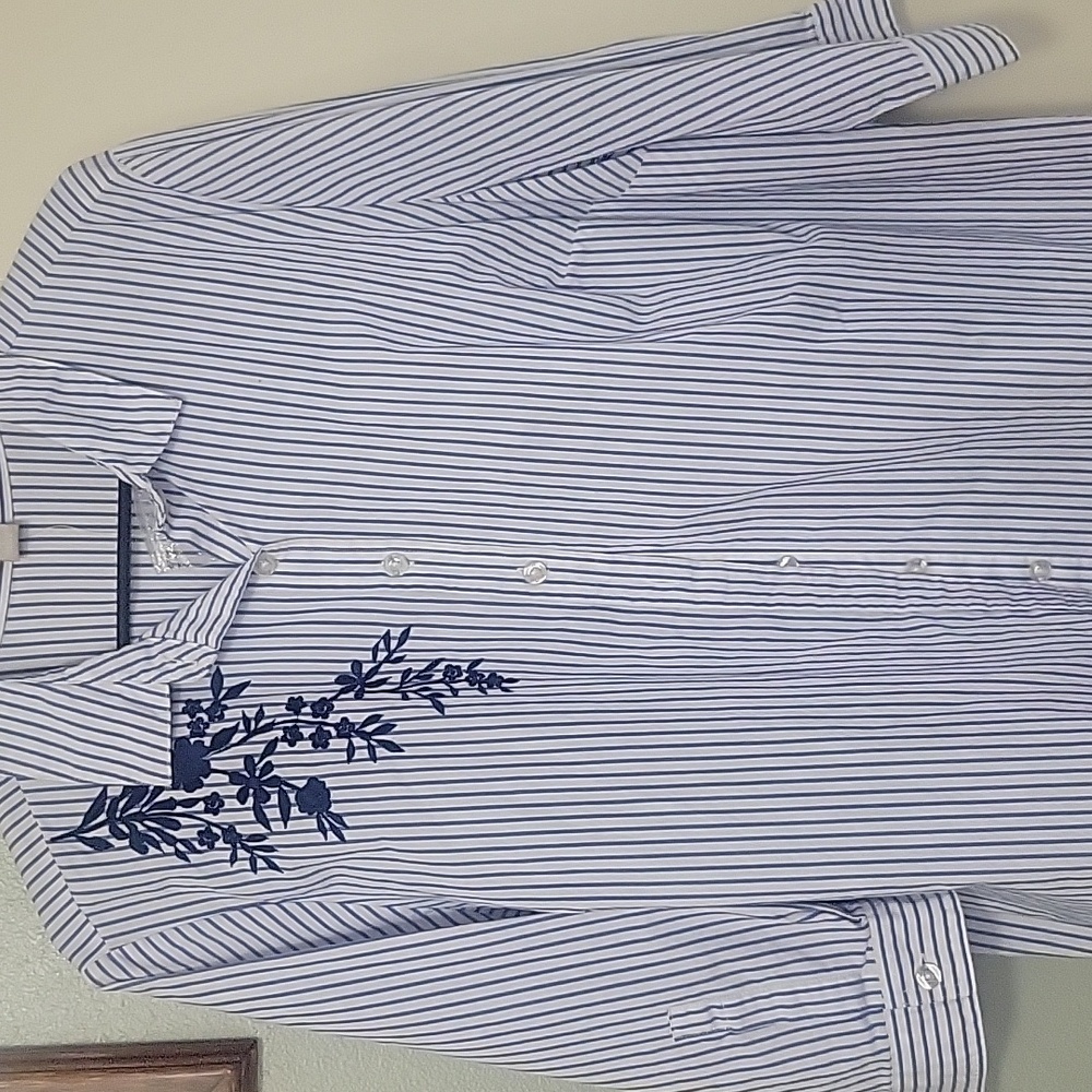 Blue Striped Women Shirt with Embroidery - Picture 2 of 6